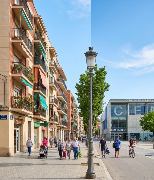 Vistas de las calles, bloques de pisos, zonas verdes y entorno activo del barrio Sagnier en El Prat de Llobregat